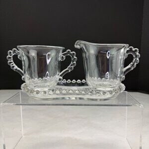 Vintage Imperial Glass Candlewick Creamer & Sugar Set With Tray Plate